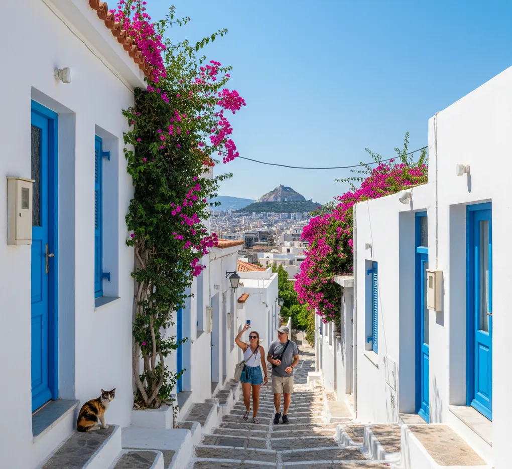 Ζευγάρι εξερευνά τα γραφικά σοκάκια στα Αναφιώτικα της Πλάκας, μια κρυφή γειτονιά κάτω από την Ακρόπολη.