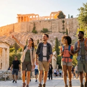 Ομάδα τουριστών απολαμβάνει μια περιήγηση με τα πόδια στον πεζόδρομο κάτω από την Ακρόπολη στην Αθήνα.