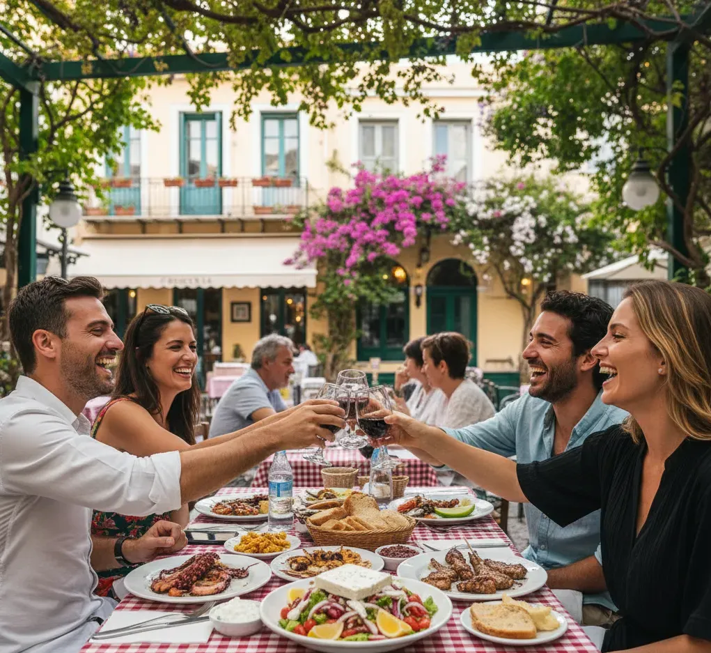 Ταξιδιώτες απολαμβάνουν παραδοσιακό ελληνικό γεύμα σε ταβέρνα της Πλάκας, μέρος μιας ολοήμερης πολιτιστικής εμπειρίας.