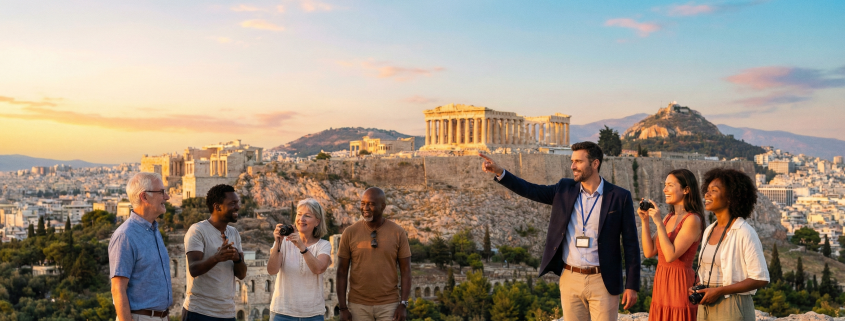 Μικρή ομάδα τουριστών με ξεναγό απολαμβάνει τη θέα της Ακρόπολης και του Παρθενώνα κατά το ηλιοβασίλεμα στην Αθήνα.