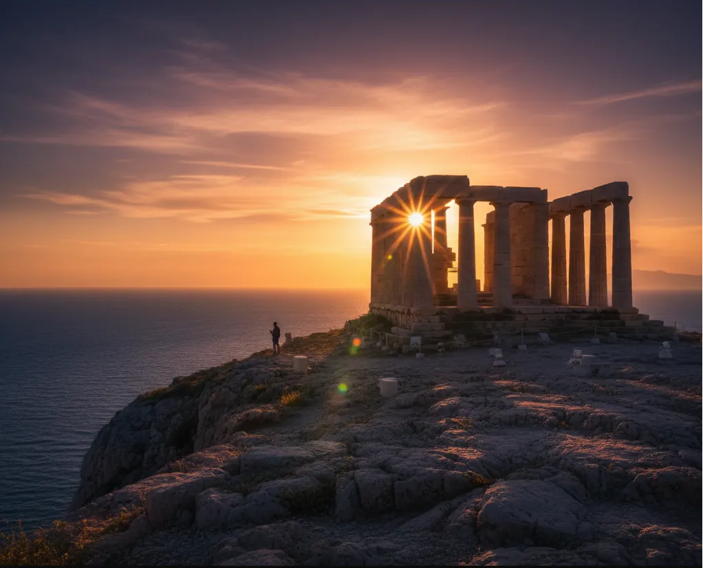 Το ηλιοβασίλεμα στον Ναό του Ποσειδώνα στο Σούνιο, με θέα το Αιγαίο Πέλαγος, μια δημοφιλής ημερήσια εκδρομή από την Αθήνα.