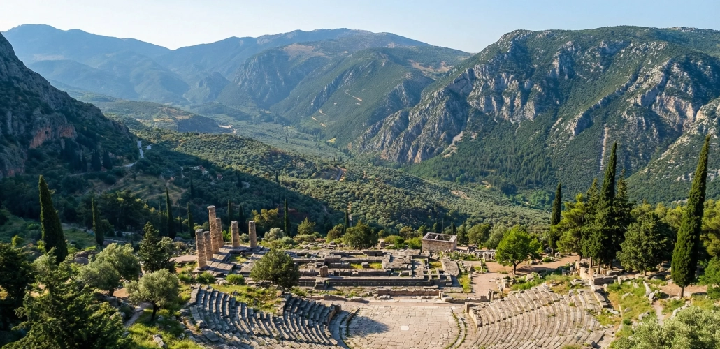 Ο αρχαιολογικός χώρος των Δελφών με τον Ναό του Απόλλωνα και το εντυπωσιακό ορεινό τοπίο.