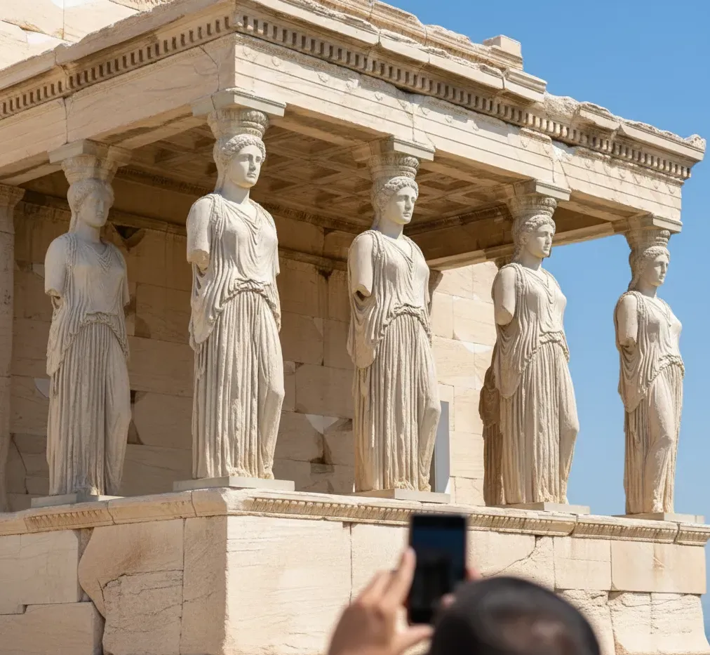 Οι Καρυάτιδες στο Ερέχθειο της Ακρόπολης, ένα από τα κύρια αξιοθέατα μιας σύντομης περιήγησης στην Αθήνα.
