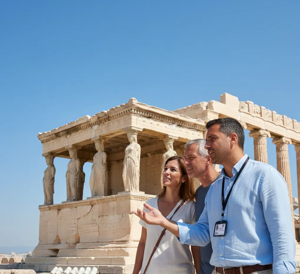 Ξεναγός εξηγεί την ιστορία των Καρυάτιδων στο Ερέχθειο σε ζευγάρι τουριστών κατά τη διάρκεια πρωινής περιήγησης στην Ακρόπολη.