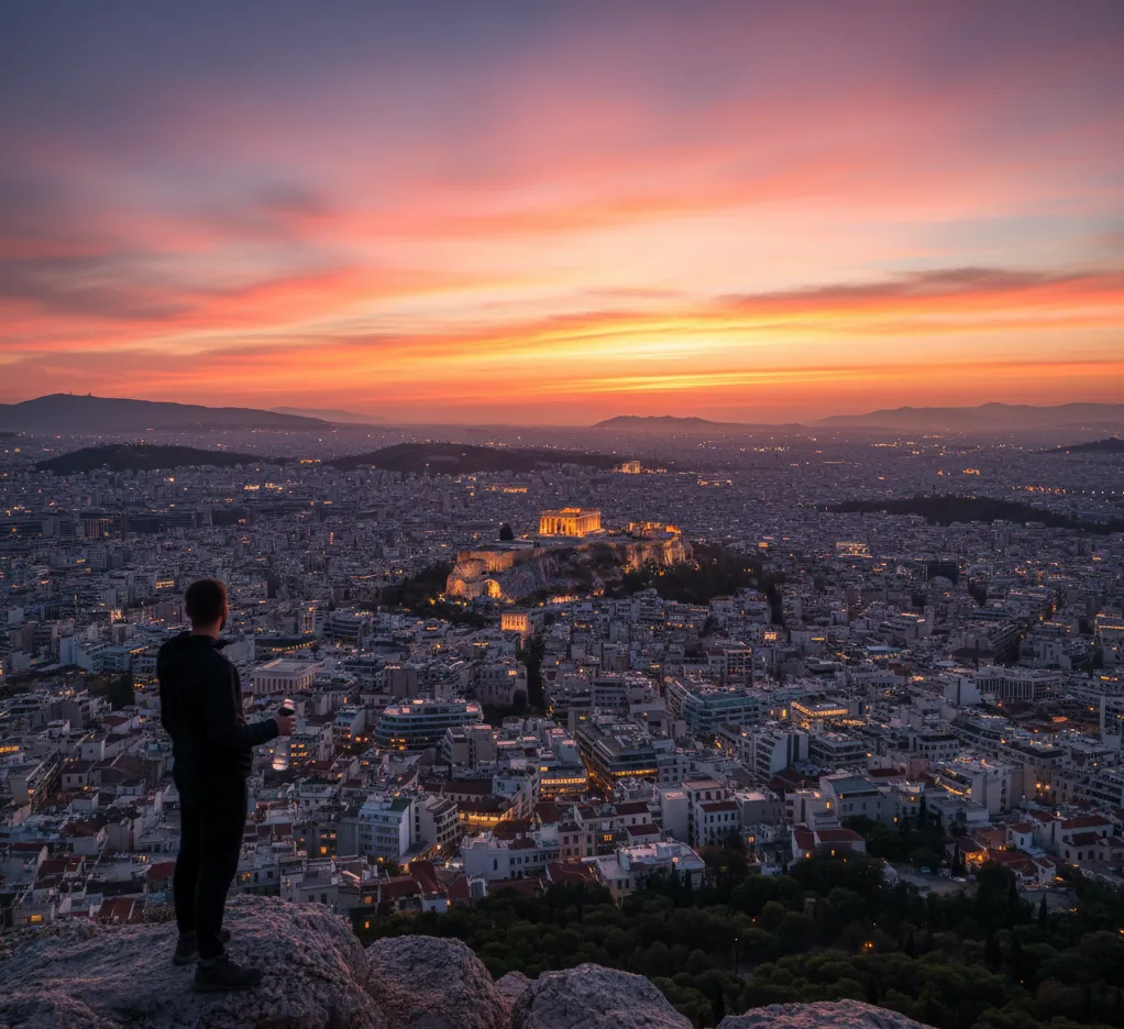 Πανοραμική θέα της Αθήνας και της Ακρόπολης από τον λόφο του Λυκαβηττού κατά το ηλιοβασίλεμα μετά από πεζοπορία.