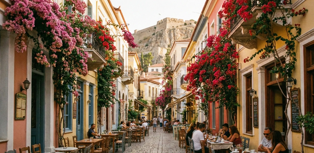 Γραφικό σοκάκι στο Ναύπλιο με νεοκλασικά κτίρια και θέα το φρούριο Παλαμήδι.