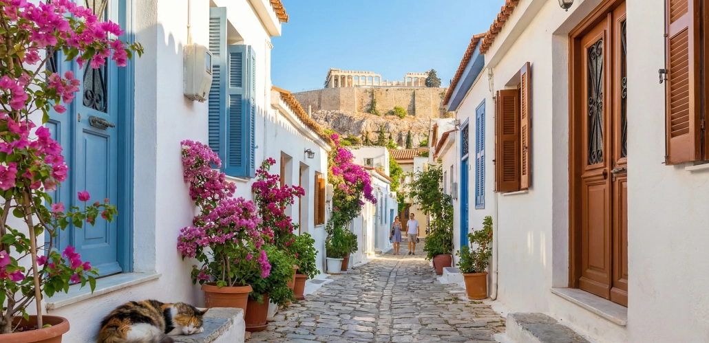 Γραφικό σοκάκι στα Αναφιώτικα της Αθήνας με μπουκαμβίλιες και κυκλαδίτικη αρχιτεκτονική κάτω από την Ακρόπολη.