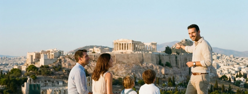 Ζευγάρι απολαμβάνει μια ιδιωτική ξενάγηση στην Αθήνα με θέα την Ακρόπολη κατά το ηλιοβασίλεμα, χωρίς συνωστισμό.