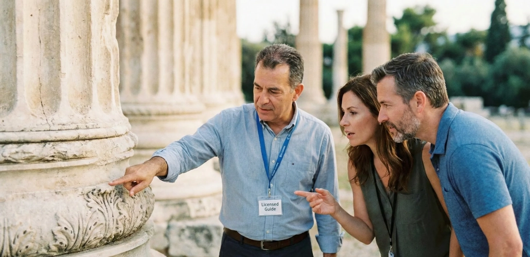 Ιδιωτικός ξεναγός εξηγεί την ιστορία σε ζευγάρι τουριστών στον Ναό του Ολυμπίου Διός, προσφέροντας προσωποποιημένη εμπειρία.