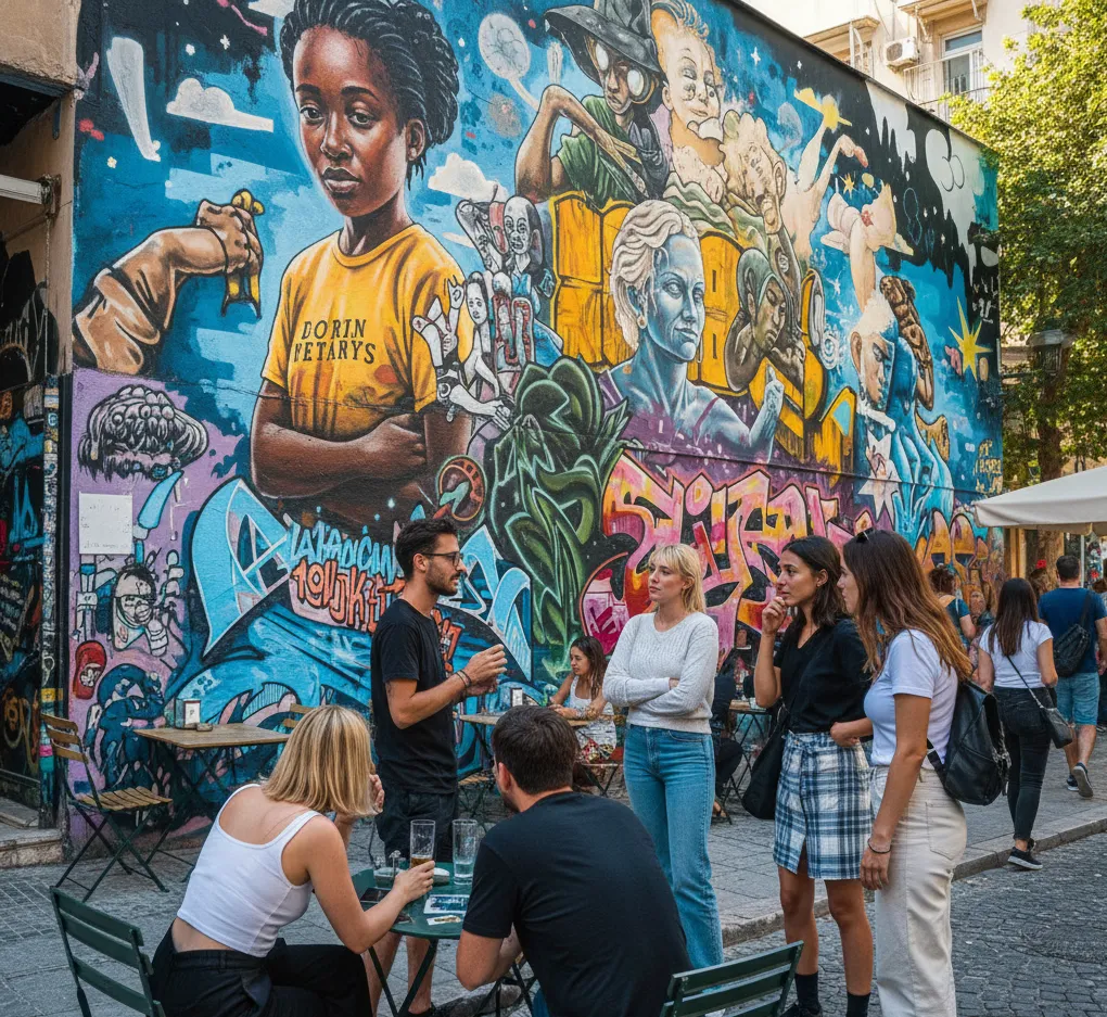 Ξεναγός παρουσιάζει εντυπωσιακό street art σε τοίχο στη γειτονιά του Ψυρρή κατά τη διάρκεια περιπάτου στην Αθήνα.