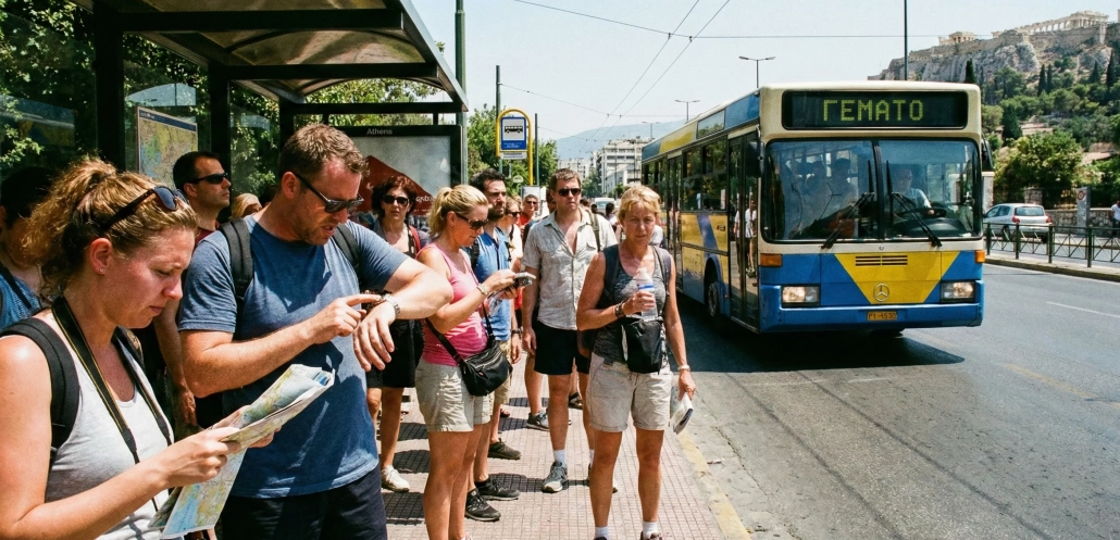 Τουρίστες περιμένουν σε στάση λεωφορείου στην Αθήνα κάτω από τον ζεστό μεσημεριανό ήλιο.