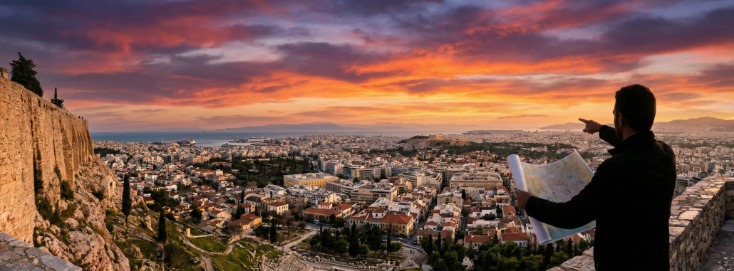 Πανοραμική θέα της Αθήνας και της Πλάκας από τον βράχο της Ακρόπολης, ιδανική για φωτογραφίες μετά την επίσκεψη.